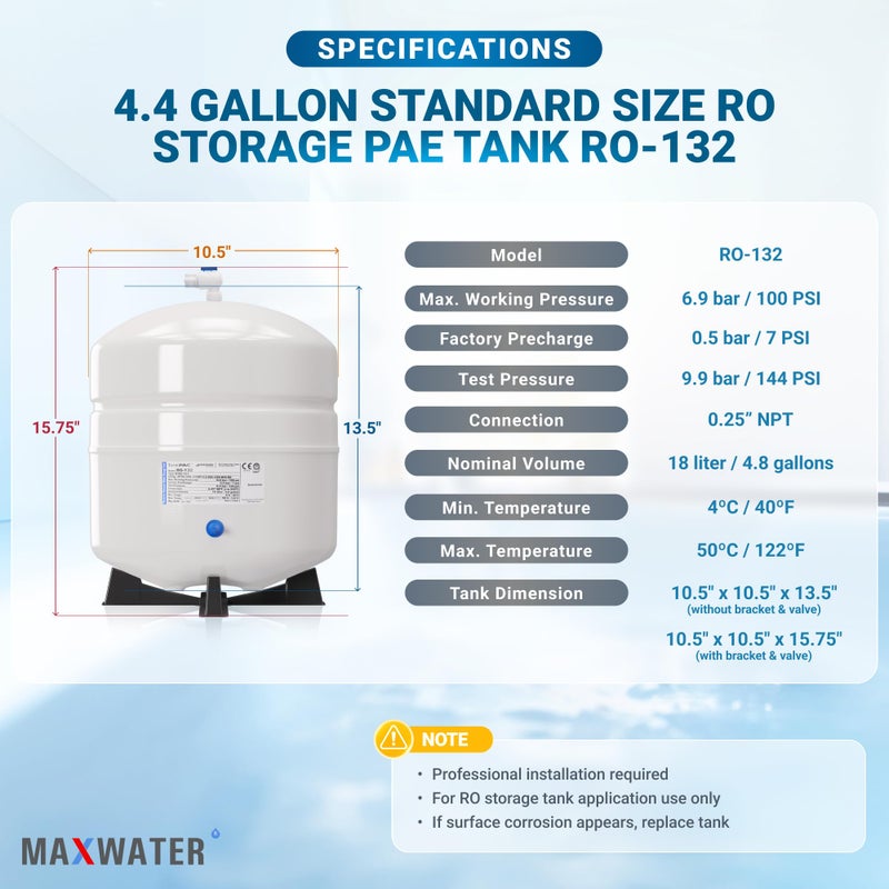 Max Water NSF Certified Heavy Duty 4.4 Gallon @100 PSI RO (Reverse Osmosis) Water Storage Tank, PA-E RO-132 + Valve - Image 2